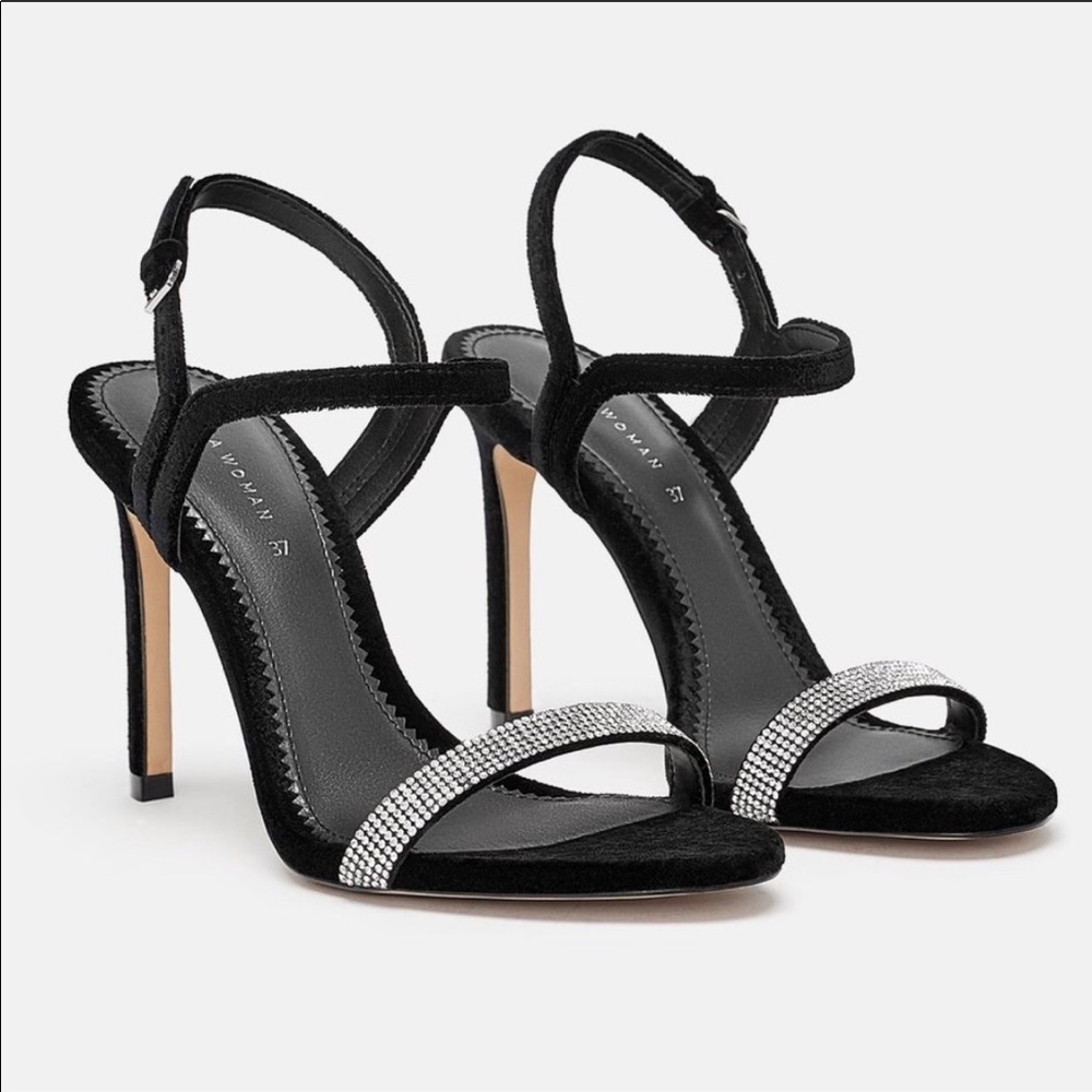 ZARA - black velvet sandals with rhinestone strap.